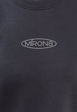 Dunkelgrauer Sweatshirt mit einem gerippten Rundhalsausschnitt und einem dekorativen ovalen Muster aus kleinen Kristallen, das das Wort "MRONS" zeigt.