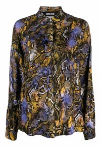 Camicia a maniche lunghe in stampa serpente con sfumature di nero, viola, oro e argento. Presenta un colletto classico e chiusura con bottoni.