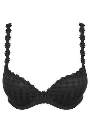 Black balconette bra with sheer checkered fabric, floral lace trim on cups and straps, adjustable straps, and a smooth texture.