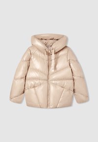 Giacca a vento beige con finitura lucida, cappuccio oversize, zip anteriore e motivo trapuntato geometrico. Presenta una silhouette ampia e squadrata.