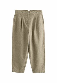Beige Cropped-Hosen aus leichtem Stoff mit einem dezenten Blättermuster, Vorderfalten und seitlichen Taschen.