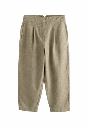 Beige cropped trousers made of lightweight fabric featuring a subtle leaf pattern, with front pleats and side pockets.