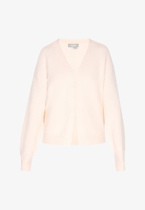 Jasnoróżowy kardigan, dekolt w serek, otwarty przód, długie rękawy. Miękka dzianina o teksturze ze ściągaczem u dołu i przy rękawach. Prosty i uniwersalny design.