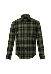Langarm overhemd met groene en zwarte ruiten, met knoopsluiting aan de voorkant, één borstzak en een rechte zoom. Gemaakt van een katoenmix stof met een zachte textuur.