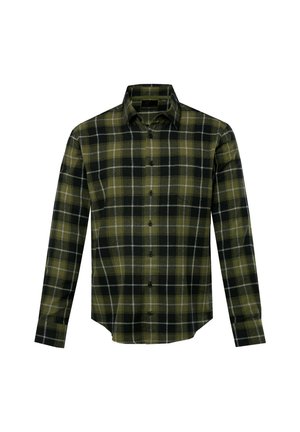 Zelená a černá kostkovaná dlouhý rukáv košile s zapínáním na knoflíky, jedním náprsním kapsou a rovný lem. Bavlněná směs, měkká textura.