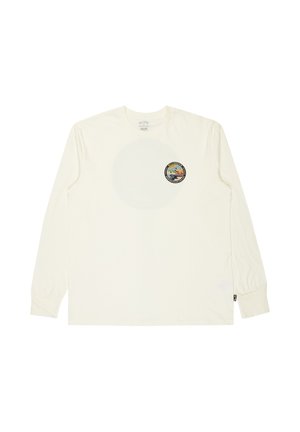 T-shirt à manches longues blanc avec un petit logo rond coloré sur le thème de la nature sur la poitrine gauche.