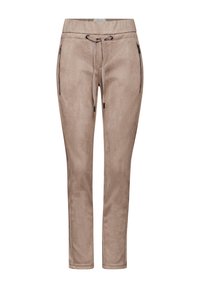 Beiga texturerade byxor med elastisk midja, dragsko och dragkedjefickor på sidorna. Slim-fit design, slät yta.