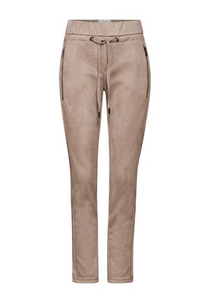 Pantalons beige texturés avec une taille élastique, fermeture à cordon de serrage et poches zippées sur les côtés. Design ajusté, surface lisse.