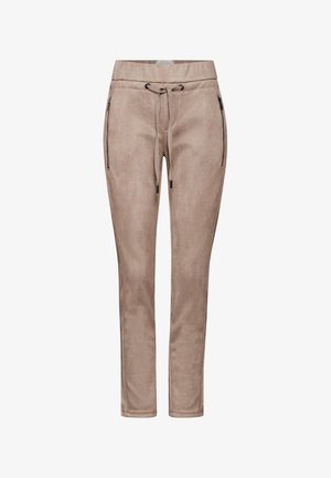 Krémové texturované kalhoty s elastickým pasem, stahovací šňůrkou a zipovými kapsami po stranách. Slim-fit design, hladký povrch.