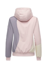 Färgbloxad jacka med paneler i rosa, lavendel och kräm, huva, elastiska ärmslut och en figurnära midja med en slät textur.