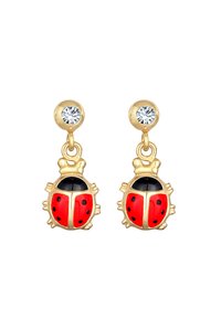 Guld-färgade nyckelpigaörhängen med röd och svart emaljdetaillering, med klara stenar i toppen.