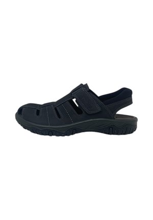 Sandalo nero con punta chiusa, cinturino in velcro regolabile, suola imbottita e lati aperti per la ventilazione, adatto all'uso casual all'aperto.