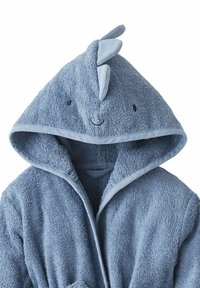 Blauer Handtuchmantel mit Kapuze, der ein lächelndes Gesicht zeigt, aus strukturiertem Stoff und mit kontrastierendem hellblauen Rand. Enthält flossenartige Akzente an der Kapuze.