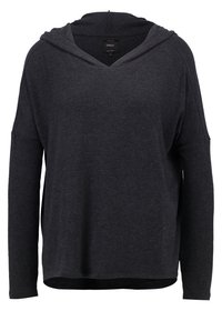 Mörkgrå, långärmad hoodie med V-hals och avslappnad passform. Har ett mjukt tyg och en snedskuren ärm.