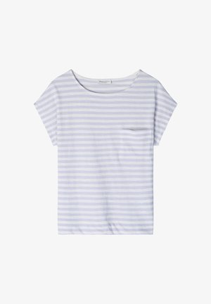 T-shirt met korte mouwen, lichtblauw en wit horizontaal gestreept, met een ronde hals en een klein zakje op de linkerborst.