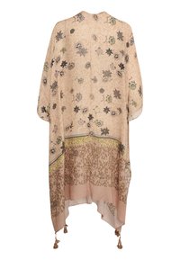 Kerge, läbipaistvast materjalist kimono virsiku värviga, millel on lille- ja leopardimuster. Omab ümmargust äärt ja paelte aksente all nurgas.