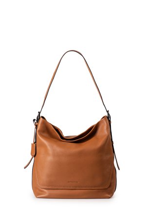 Braune Ledertasche mit einem lässigen Design. Ausgestattet mit einem einzelnen Schultergurt und dezenten Stickdetails. Glatte Textur mit einer entspannten Form.