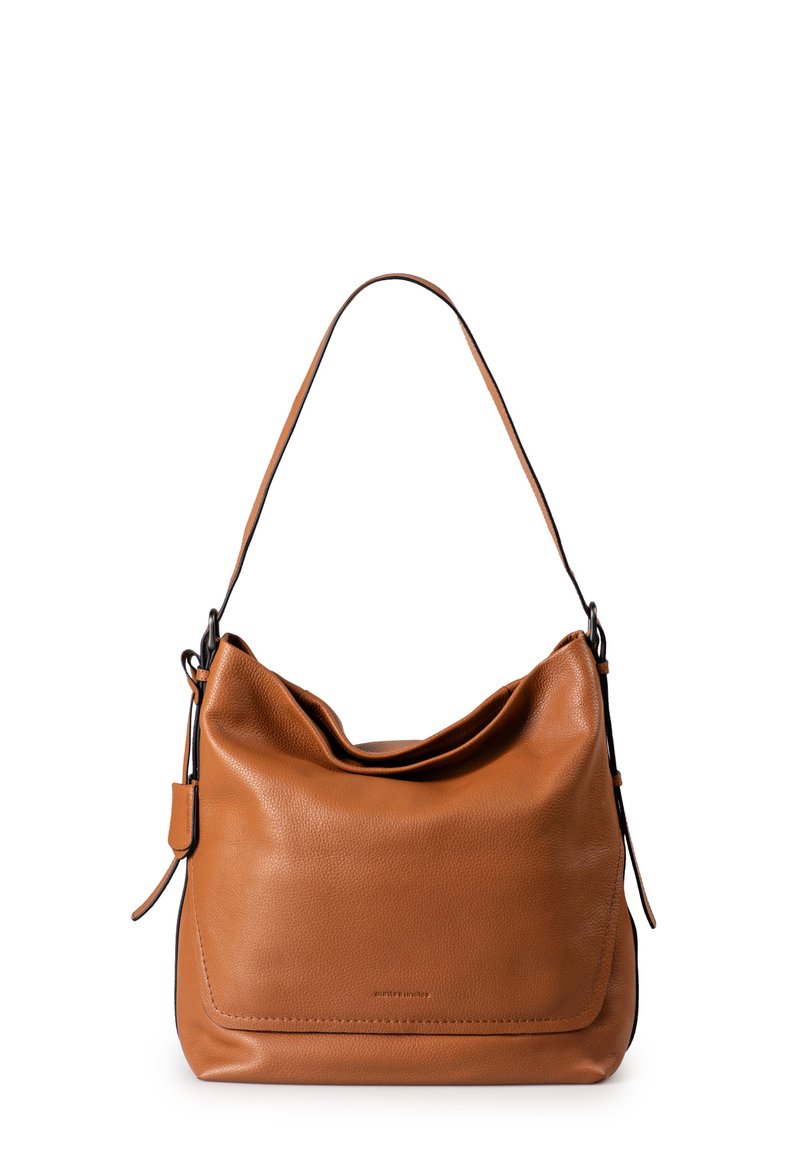 Borsa in pelle marrone con un design morbido. Presenta una sola tracolla e dettagli di cucitura sottili. Texture liscia con una forma rilassata.