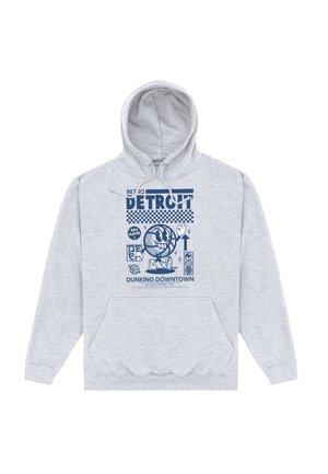 Felpa con cappuccio grigio chiaro con grafica blu che raffigura un personaggio di basket sorridente, la scritta "DETROIT" e il testo "DUNKING DOWNTOWN".