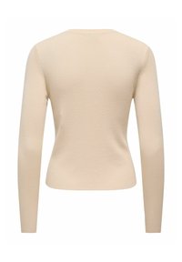 Pull beige côtelé à manches longues avec une coupe ajustée, un col rond et un tissu texturé. La vue de dos montre une construction lisse et sans coutures.