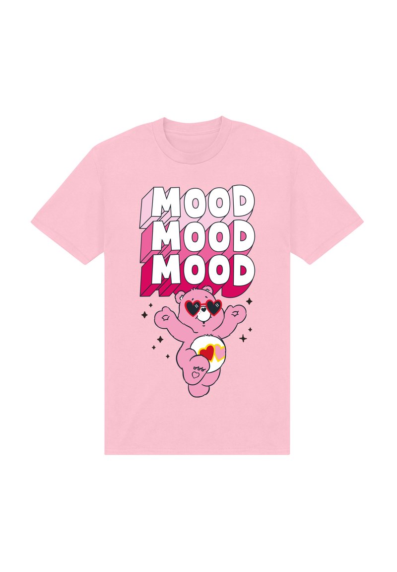 T-shirt en coton rose présentant un ours en cartoon portant des lunettes de soleil en forme de cœur et le texte "MOOD" en lettres stylisées et en gras.