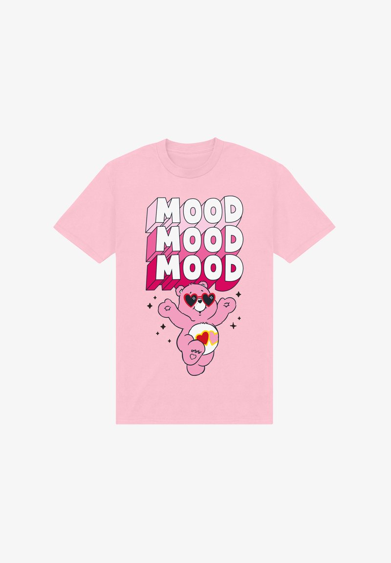 T-shirt en coton rose présentant un ours en cartoon portant des lunettes de soleil en forme de cœur et le texte "MOOD" en lettres stylisées et en gras.