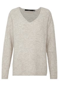 Light grey, ribbed knit sweater with a V-neck and long sleeves. Features a textured finish and relaxed fit. No notable accents or patterns.