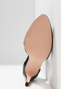 Chaussure à talon haut en cuir noir de femme posée semelle vers le haut contre un mur d'angle blanc, montrant une semelle extérieure beige lisse et un bout pointu.