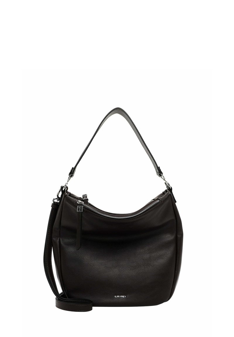 Sac à bandoulière en cuir noir avec une forme courbée, fermeture zippée sur le dessus et bandoulière réglable. Texture lisse avec un détail de marque subtil.
