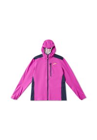 Pink hooded jacket with navy blue accents, zippered chest pocket, long sleeves, and lightweight fabric. Features a contrasting interior lining.