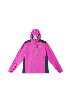 Pink hooded jacket with navy blue accents, zippered chest pocket, long sleeves, and lightweight fabric. Features a contrasting interior lining.