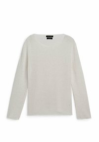 Pull en maille blanche léger avec un col rond, des manches longues et une coupe légèrement ample. Texture douce, design minimaliste, sans motifs ni accents visibles.