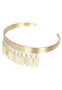 Diadema de metal en tono dorado con un acabado suave y cepillado, y discos ovalados colgantes sujetos por lazos, creando un efecto delicado y en capas.