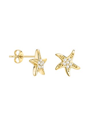 Orecchini a forma di stella marina dorata con cinque punte, caratterizzati da gemme trasparenti al centro, superficie lucida e chiusura a perno per una vestibilità sicura.