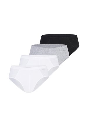 Quattro paia di slip da uomo in bianco, grigio chiaro e nero, disposti in una fila sfalsata su sfondo bianco.