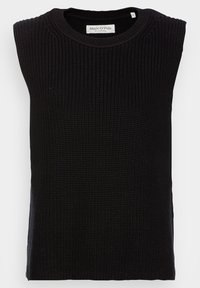 Top senza maniche nero lavorato a maglia con scollo rotondo, caratterizzato da una texture a coste e taglio dritto ai lati. Etichetta di Marc O'Polo all'interno.