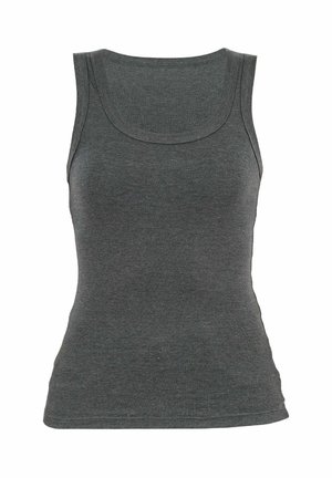Gray tank top with a scoop neckline, made from stretchy cotton fabric. Features a fitted design and smooth texture without embellishments.