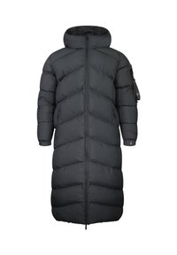 Langer schwarzer gesteppter Wintermantel mit hohem Kragen, durchgehendem Frontreißverschluss, Seitentaschen und einer Reißverschlusstasche am linken Ärmel mit Riemen.