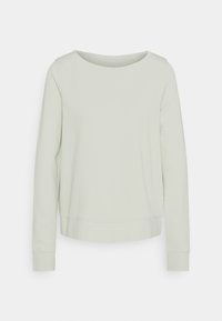 Sudadera verde claro de manga larga con escote redondeado, corte relajado y puños acanalados. Textura suave, diseño minimalista, sin patrones.