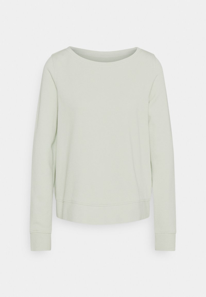 Sudadera verde claro de manga larga con escote redondeado, corte relajado y puños acanalados. Textura suave, diseño minimalista, sin patrones.