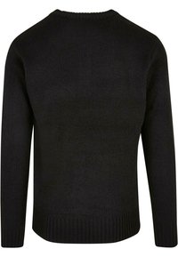 Suéter negro de punto con cuello redondo, mangas largas y dobladillo acanalado. Tejido texturizado, color sólido y corte informal.