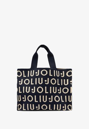 Borsa a tracolla blu navy con materiale testurizzato e ripetuto marchio "JOLIU" beige. Dotata di due manici robusti per il trasporto.
