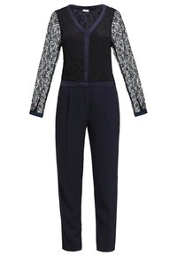 Námořnický overal s černými krajkovými dlouhými rukávy a výstřihem do véčka. Má přiléhavý živůtek, plisovaný přední díl a jednobarevné námořnické kalhoty.