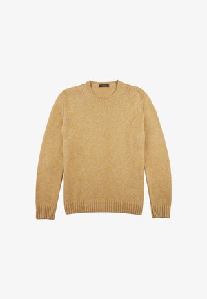 Maglione girocollo a maglia giallo e beige a puntini, con polsini e orlo a costine, steso su uno sfondo bianco.