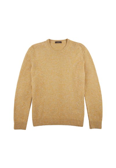 Pull en tricot jaune et beige à motifs, avec un col rond et des bords côtes aux poignets et à l'ourlet, posé à plat sur un fond blanc.