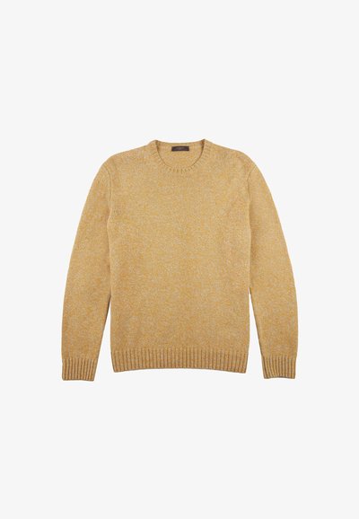 Pull en tricot jaune et beige à motifs, avec un col rond et des bords côtes aux poignets et à l'ourlet, posé à plat sur un fond blanc.