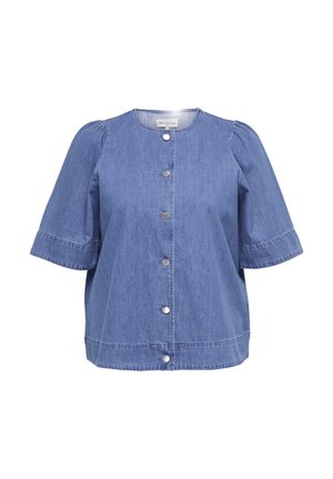 Modra denim bluza s kratkimi rokavi, okroglim izrezom, napihnjenimi rokavi in šestimi sprednjimi kovinskimi gumbi, ohlapen kroj.