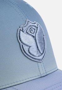 Lichtblauwe pet met een geborduurd embleem van een bloem- en vlinderontwerp. Glad materiaal met gestikte details langs de naden.