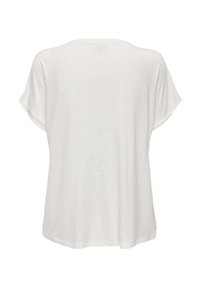 T-shirt blanc à manches courtes avec une coupe décontractée, texture lisse, col rond et un ourlet légèrement courbé à l'arrière.