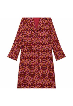 Multi-colored coat featuring a geometric pattern in pink, orange, and black. Made from smooth fabric with a notched collar and two front pockets.